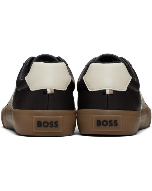BOSS メンズ ブラック ブラウン Stripe Logo レザースニーカー 【公式 