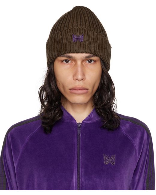 Needles Purple Brown Embroidered Beanie for men