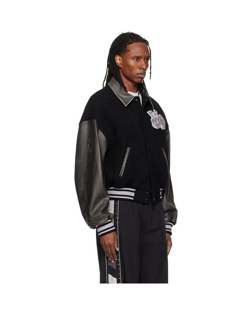 we11done Black Faux-Leather Varsity Jacket for men