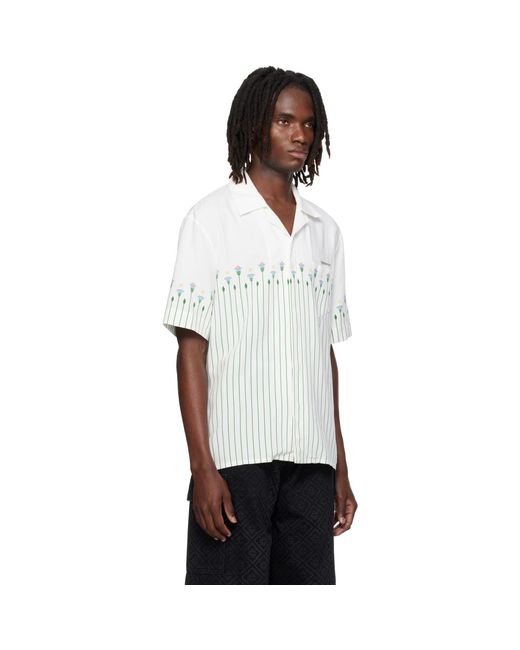 Casablanca White Linen Floral Stripe Sporty Short Sleeve Shirt for men