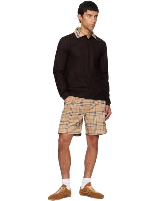 Burberry Black Long Sleeve Check Collar Cotton Polo for men