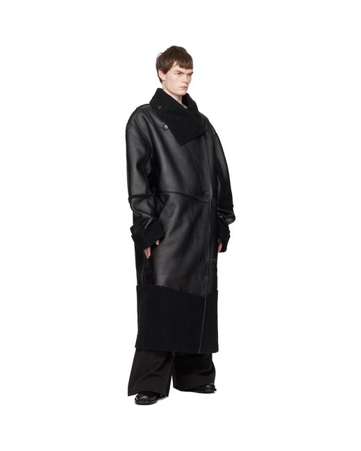 Entire studios Black Long Leather & Faux-Shearling Coat for men