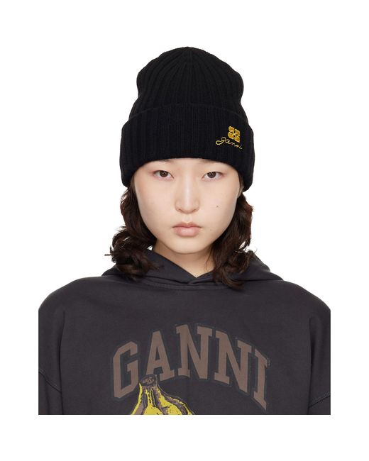Ganni Black Wool Knit Beanie