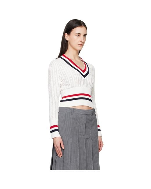 Thom Browne Multicolor Off- Baby Ladder Cable Shrunken V Neck Sweater
