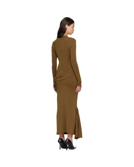 Mugler Green Khaki Draped Turtleneck Maxi Dress