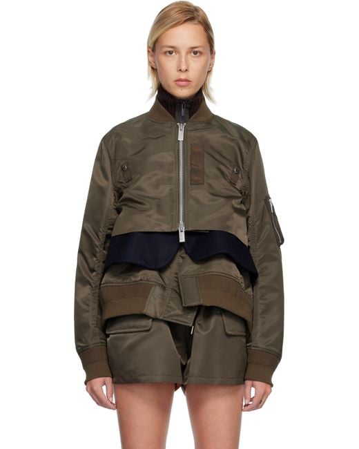 Sacai カーキ ナイロンツイル＆メルトンウール ブルゾンジャケット