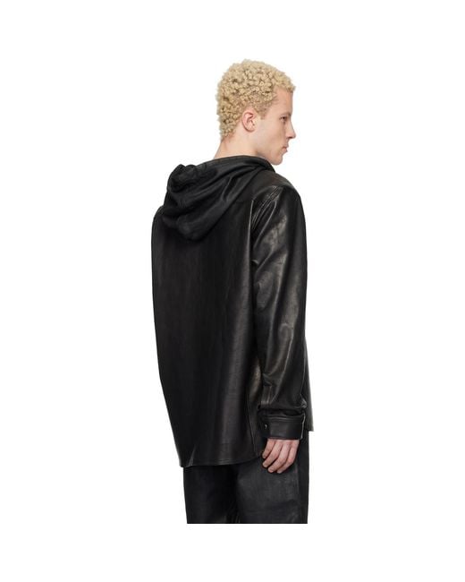 Det Blev Sent Black Hooded Leather Shirt for men
