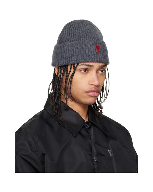 AMI Black Wool Contrasted Ami De Coeur Beanie for men