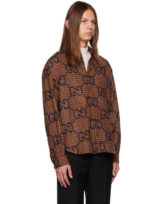 Gucci Brown Maxi GG Gingham Wool Shirt for men