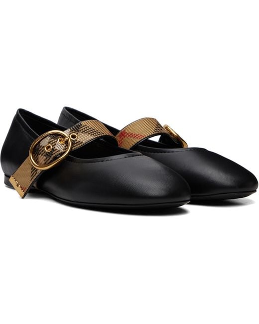 Burberry Black Check Strap Leather Robin Ballerina Flats