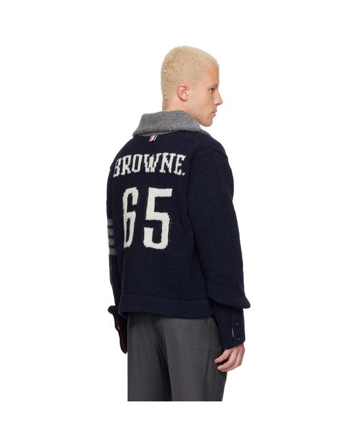 Thom Browne Blue 'Browne 65' Jersey Intarsia Shawl Collar Cardigan for men