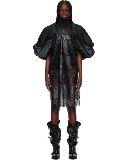 Junya Watanabe Black Polyester Scalloped Lace X Nylon Rip-Stop Midi Dress