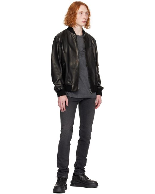 Versace Black Zip Leather Bomber Jacket for men