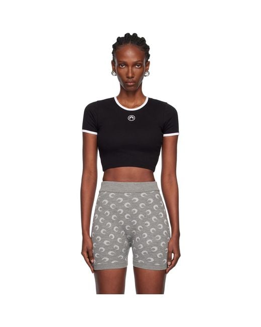 MARINE SERRE Black Moon Logo Ribbed Jersey Cropped T-Shirt