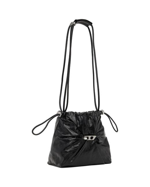 DIESEL Black Scrunch-D-Bucket Shiny Wrinkled Leather Bag