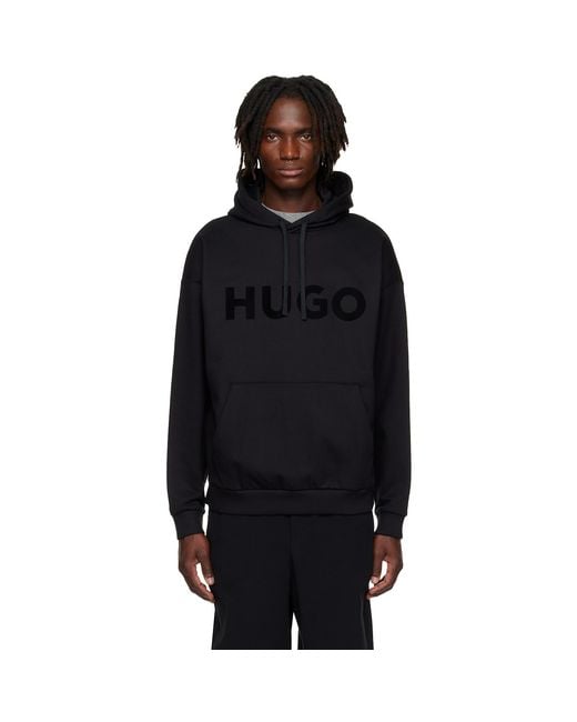 HUGO Black Oversize-Fit Cotton Terry Logo Hoodie for men