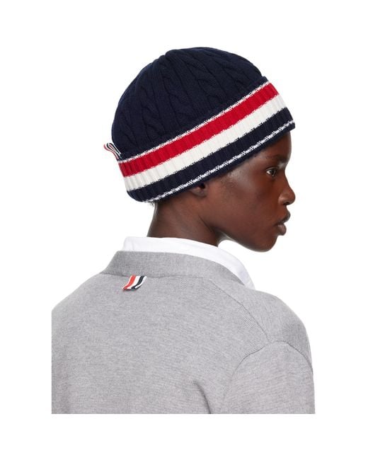 Thom Browne Blue Cable & Rib Merino Wool Rwb Stripe Beanie