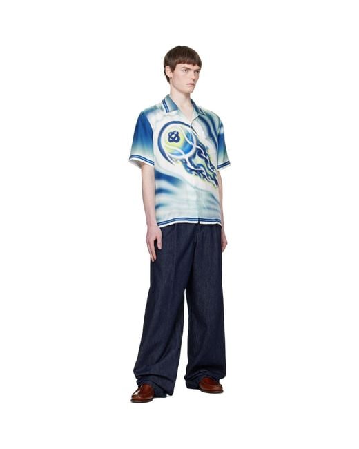 Casablanca Blue 'The Art Of The Serve' Short Sleeve Silk Shirt for men