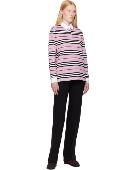 Burberry ピンク ボーダー コットン 長袖ポロシャツ Red