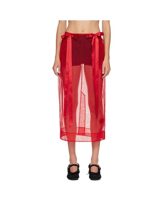 Simone Rocha Red Sheer Bow Ribbon Pencil Midi Skirt