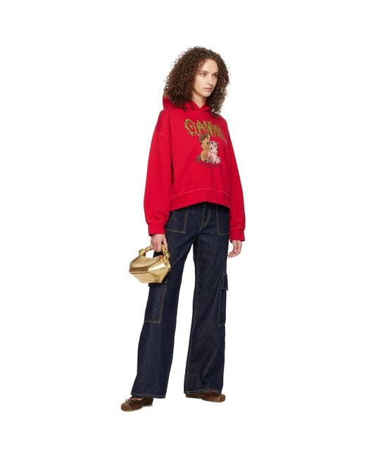Ganni Red Graphic Cropped Hoodie