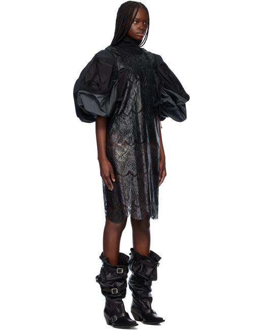 Junya Watanabe Black Polyester Scalloped Lace X Nylon Rip-Stop Midi Dress