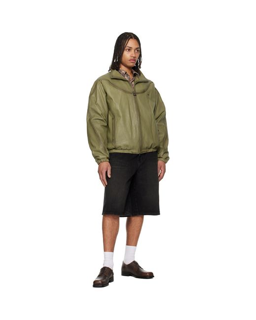 Wooyoungmi Green Khaki High Neck Leather Jacket for men