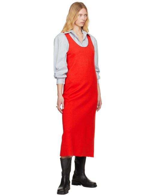 Auralee Red Cotton Silk Stretch Knit Midi Dress