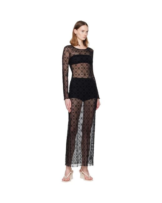 MARINE SERRE Black Moonogram Mesh Flock Ls Crewneck Maxi Dress