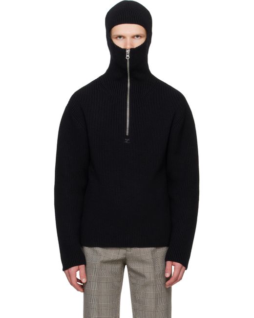 Courreges Black Ribbed Wool Hoodie for men