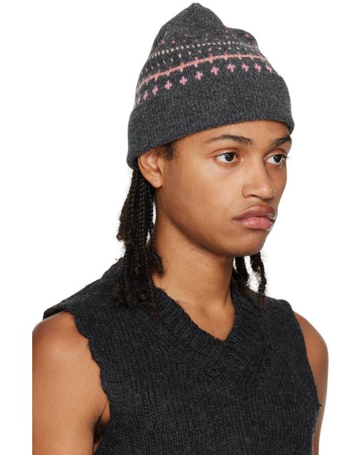 Our Legacy Black Gray Faux Isle Knit Beanie for men