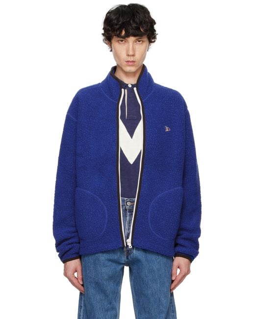 Drake's Blue Boucle Wool Zip Fleece Jacket for men