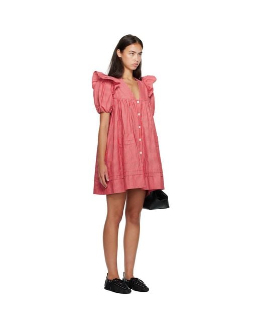 Ganni Red Striped Cotton Minidress
