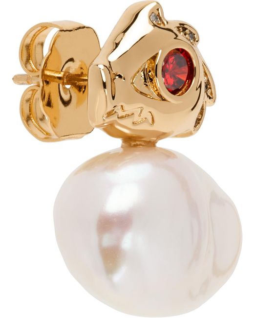 Boucle d'oreille unique doré et blanc à perle et ornement graphique Jiwinaia en coloris White