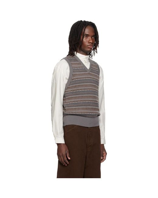 Lemaire Brown V-Neck Jacquard Sweater Vest for men