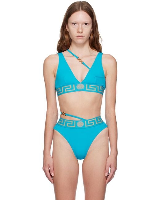 Versace Blue Greca Logo Bikini Bottoms W/strap