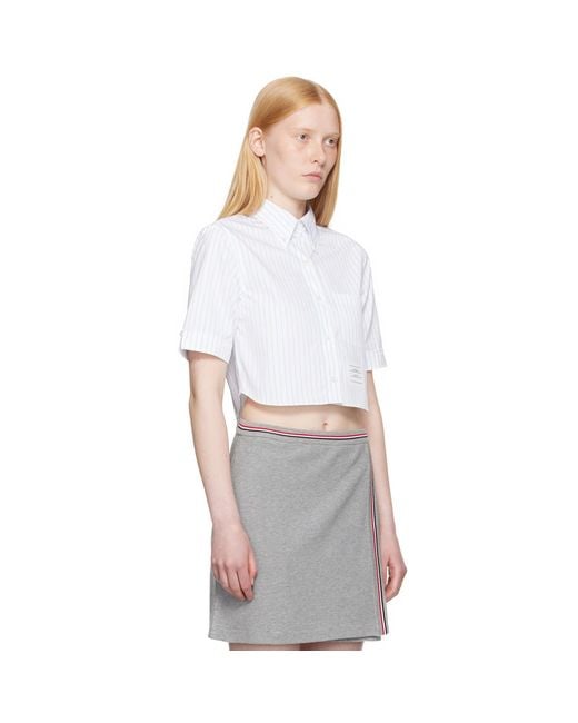 Thom Browne White Pinstripe Poplin Cropped Short Sleeve Shirt