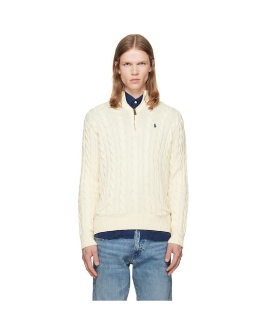 Polo Ralph Lauren White Off- Cable-Knit Cotton Quarter-Zip Sweater for men
