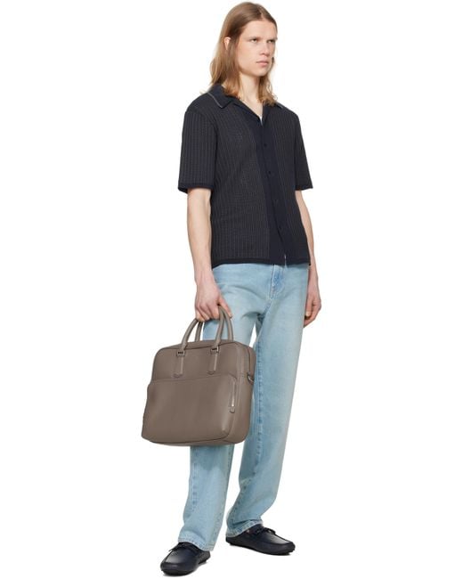 Boss Brown Taupe Leather Emed Logo Briefcase for men
