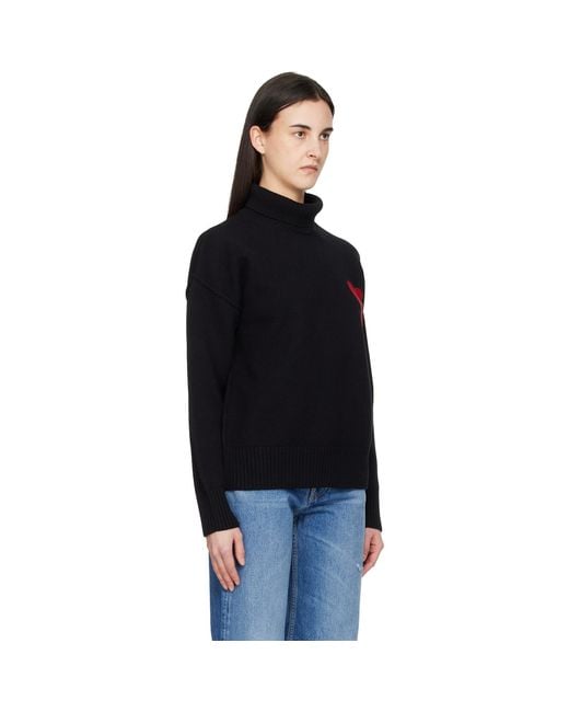 AMI Black Contrast Ami De Coeur Funnel Neck Sweater
