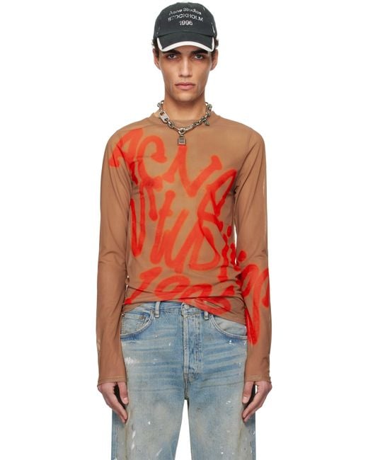 Acne Orange Taupe Sprayed Logo Long Sleeve T-Shirt for men
