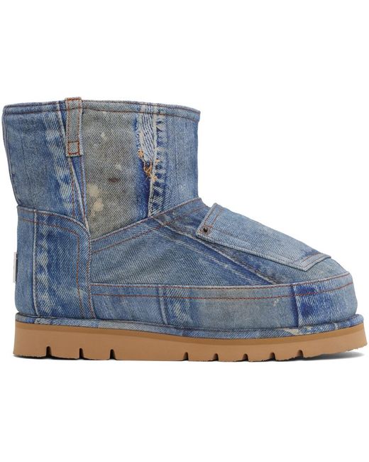 メンズ Acne ブルー プリント レザー ショートブーツ Blue