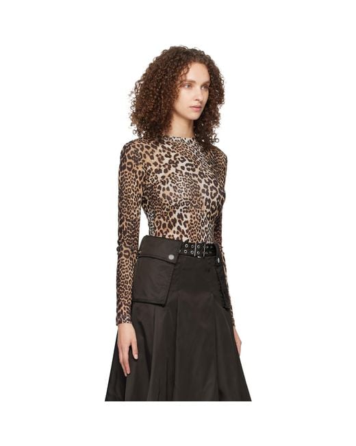 Ganni Black Leopard Printed Mesh Long Sleeve T-Shirt