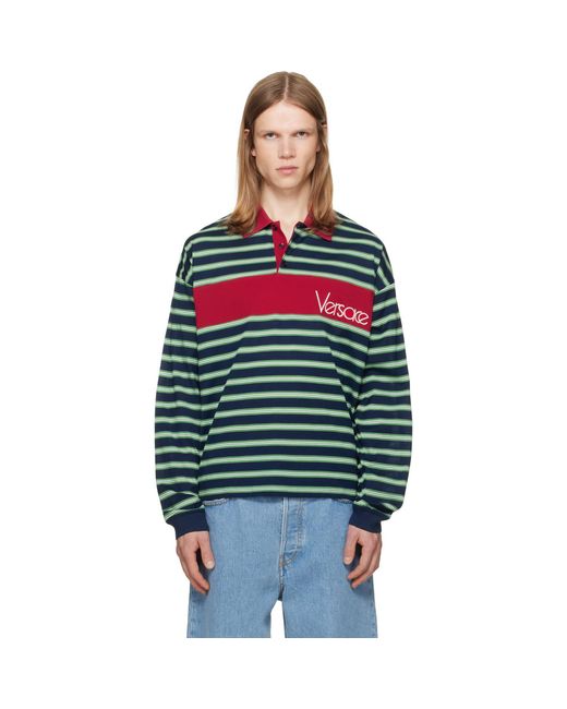 Versace Multicolor Embroidered-Logo Striped-Intarsia Cotton Polo for men