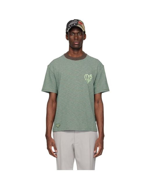 ANDERSSON BELL Green Essential Heart Logo Stripe T-Shirt for men
