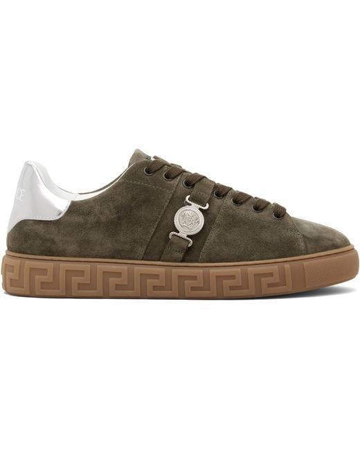 Versace Black Khaki Greca Embellished Suede Sneakers for men