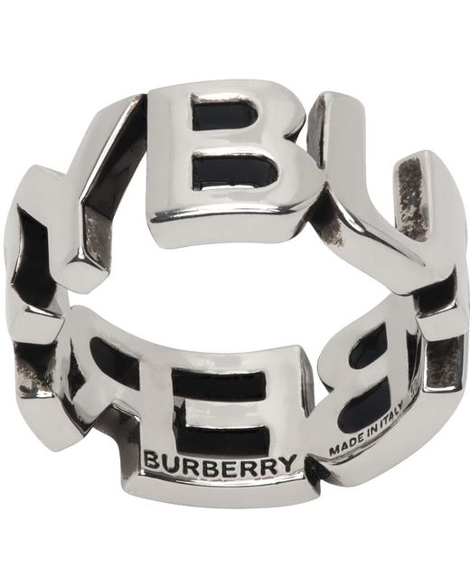 Burberry Metallic Silver Logo Ring for men