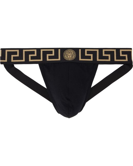 メンズ Versace グレカ ボーダー ジョックストラップ Black