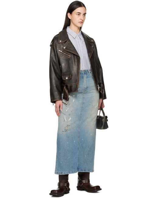 Acne Blue Paint Splatter Denim Midi Skirt