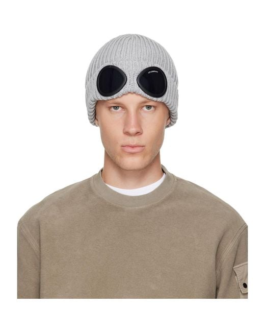 C P Company Gray Extrafine Merino Wool Goggle Beanie for men